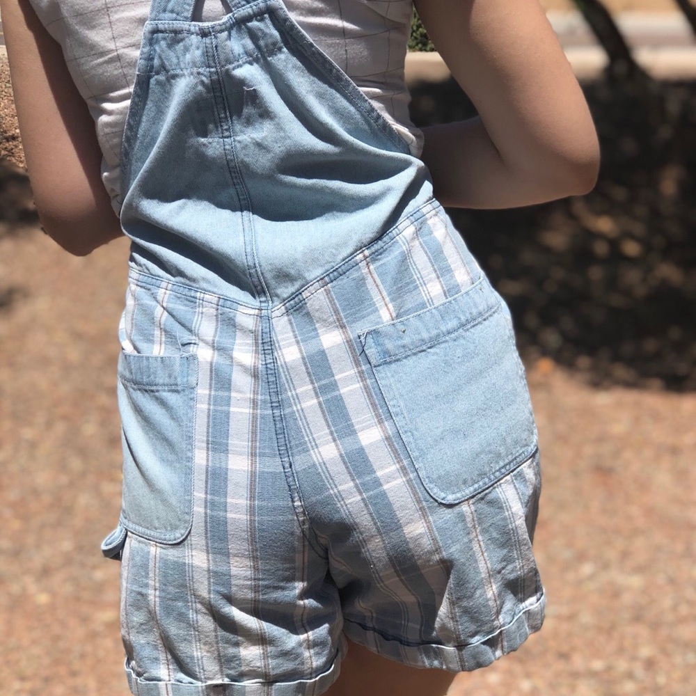 plaid denim overall shorts